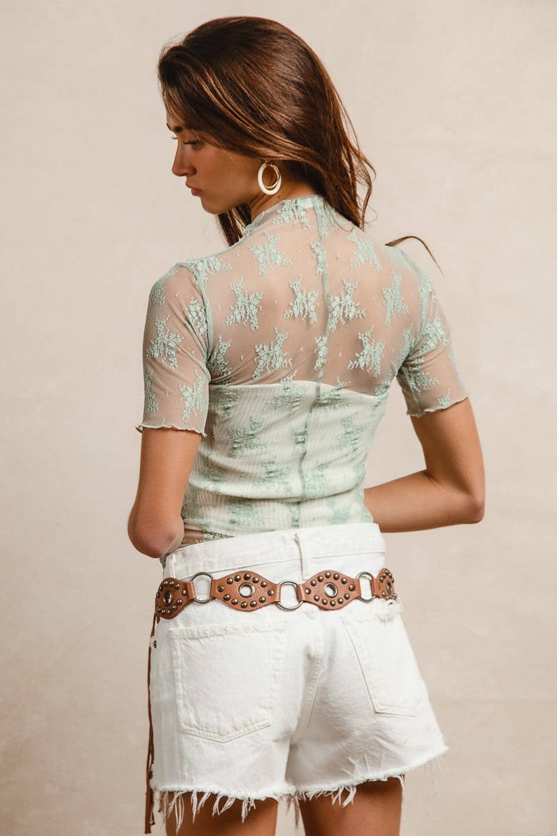 Vanilla Monkey - High Neckline Mesh Lace Short Sleeves Top