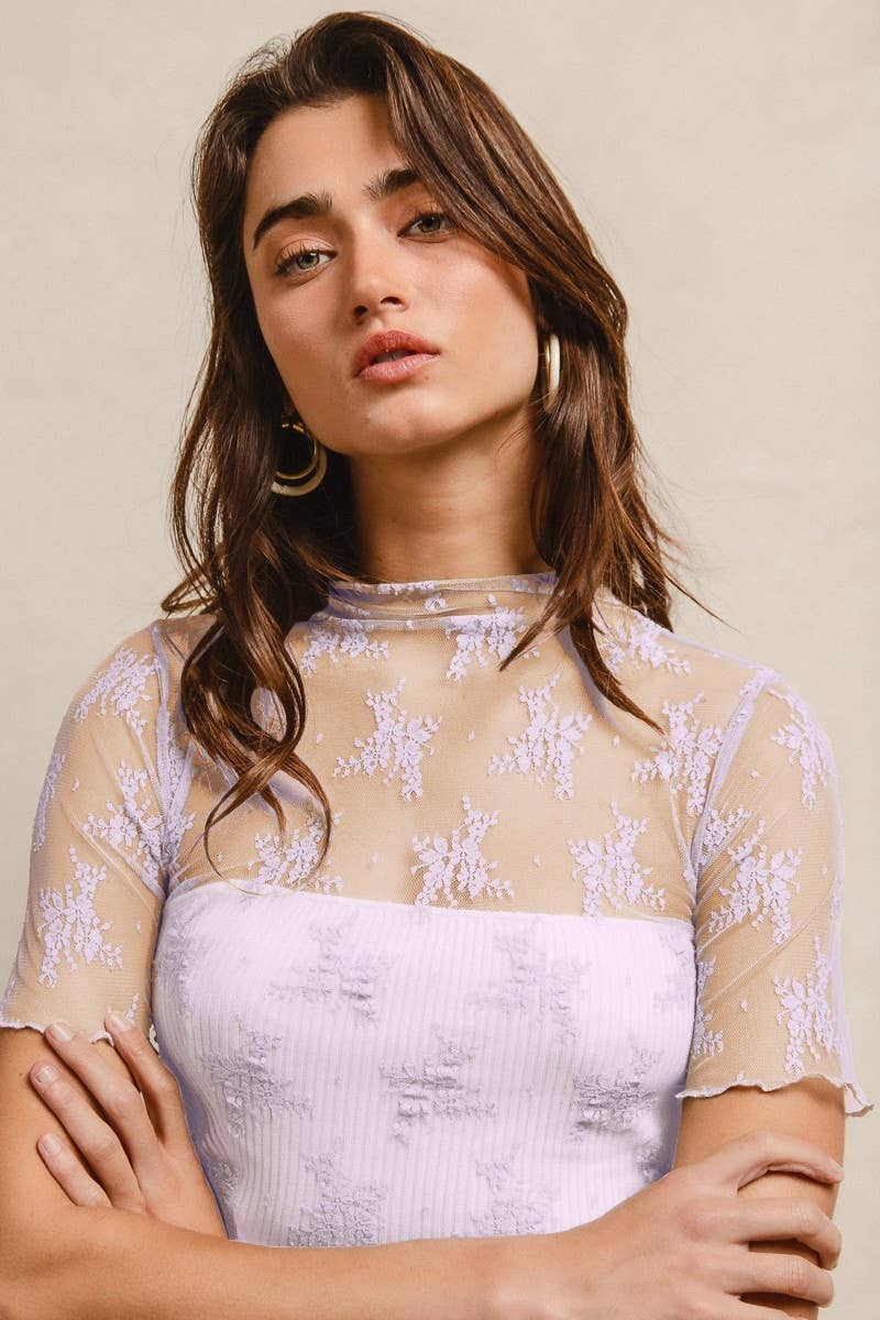 Vanilla Monkey - High Neckline Mesh Lace Short Sleeves Top