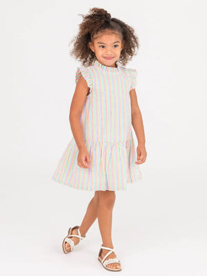 Mock Neck Sleeveless Flutter Dress Rainbow Seersucker