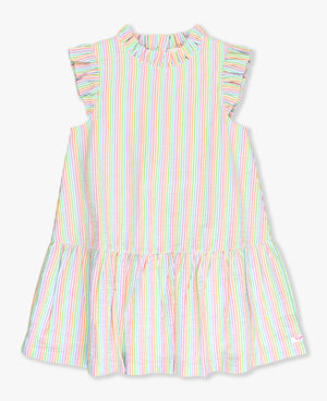 Mock Neck Sleeveless Flutter Dress Rainbow Seersucker