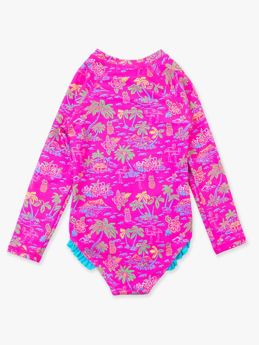 Girls Long Sleeve Rash Guard One Piece Neon Island Time