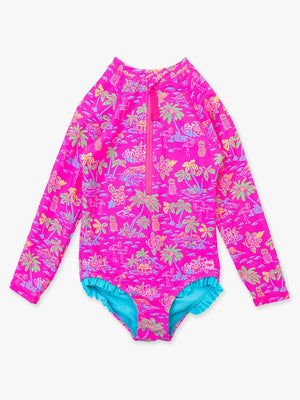 Girls Long Sleeve Rash Guard One Piece Neon Island Time