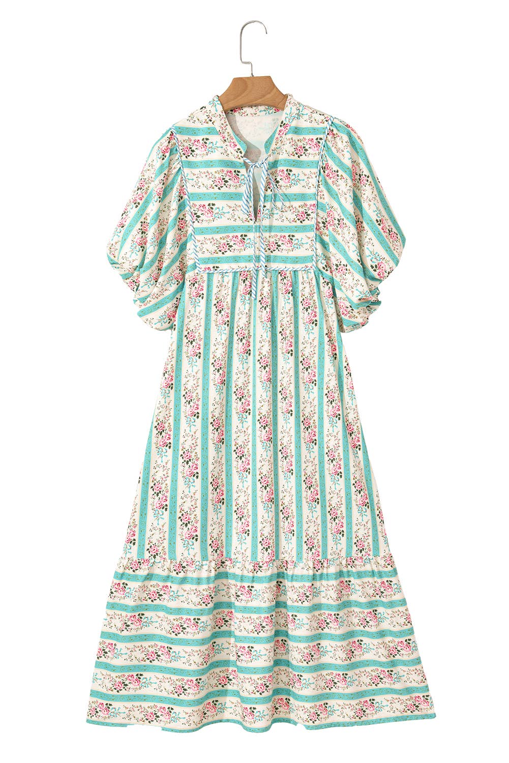 Aapparella - Floral Striped Pattern Puff Short Sleeve Dress | S-XL