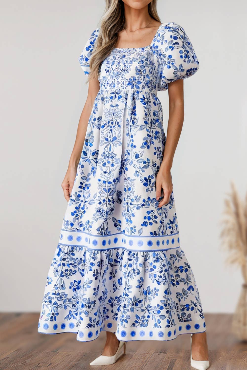 Aapparella - Floral Print Bubble Sleeve High Waist Maxi Dress | S-XL