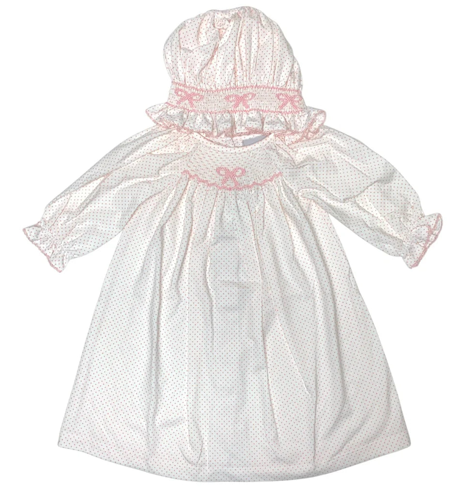 Delaney Mini Pink Dot Smocked Bow Daygown & Bonnet DELF25-L2 5207