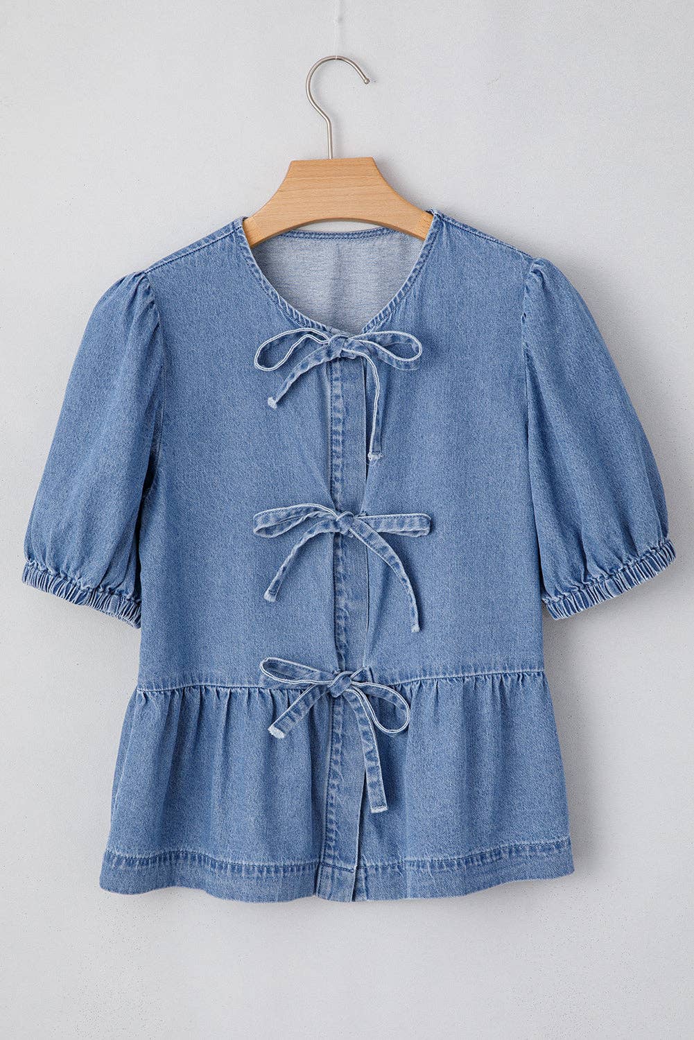 PRETTY BASH - Denim Bubble Sleeve Peplum Spring Shirt