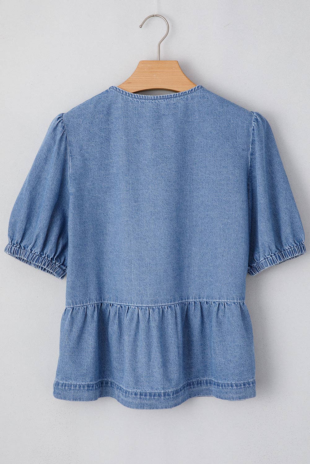 PRETTY BASH - Denim Bubble Sleeve Peplum Spring Shirt