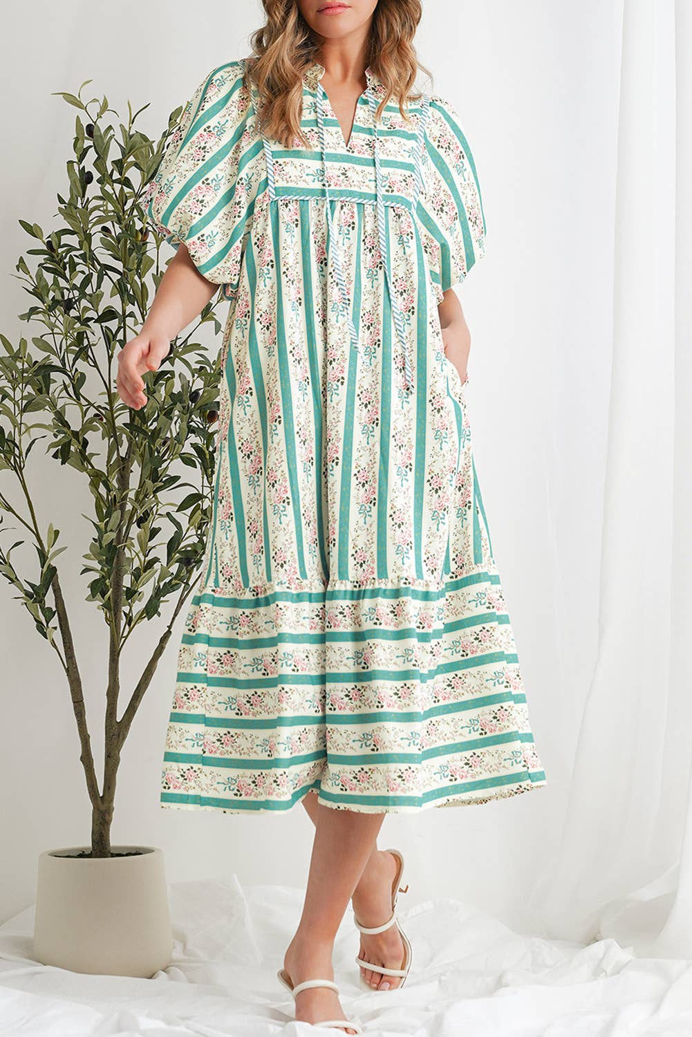 Aapparella - Floral Striped Pattern Puff Short Sleeve Dress | S-XL