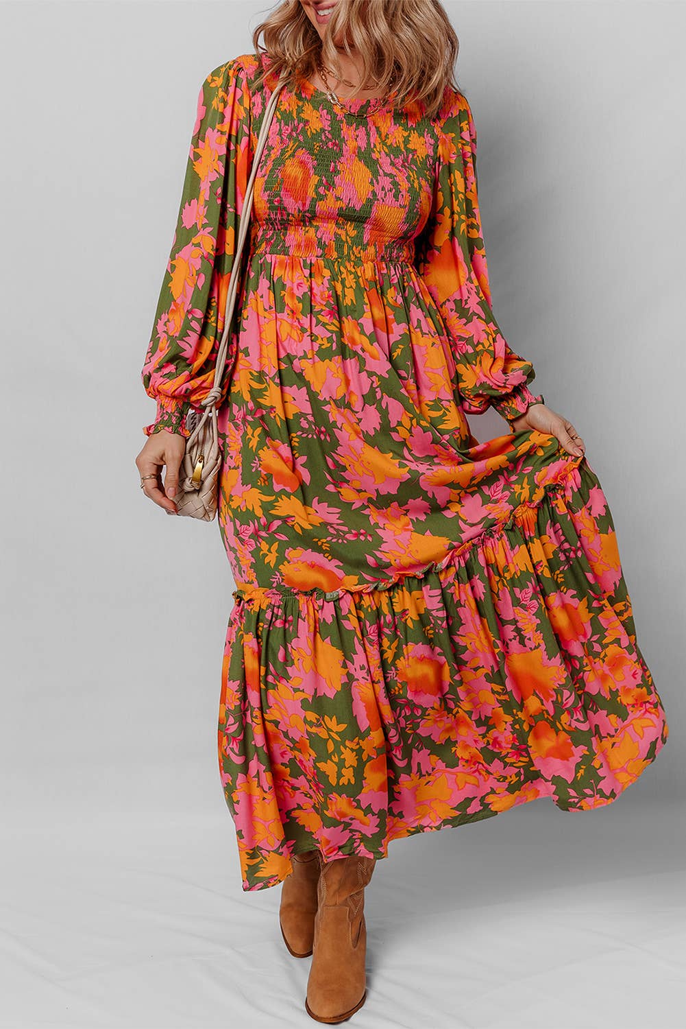 Aapparella - Floral Smocked Bodice Puff Sleeve Ruffle Maxi Dress | S-XL