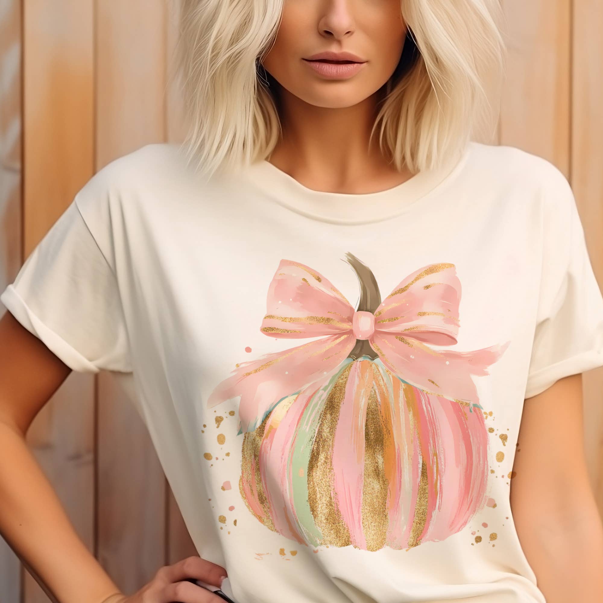 Par.tees by Party On! - Pumpkin Watercolor Splatter Pink Bow Fall Vibe Graphic Tee