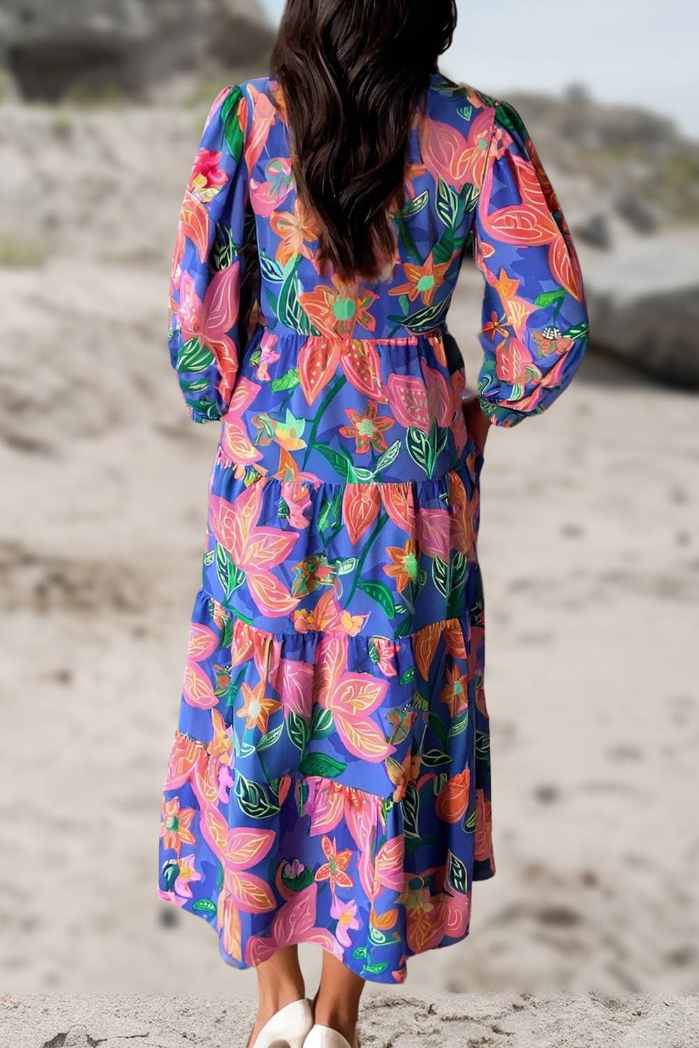 Aapparella - Floral Print Shierred V Neck Long Sleeve Maxi Dress | S-XL