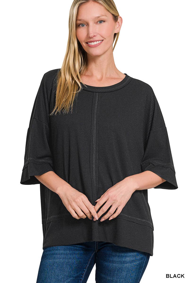 Vanilla Monkey - Ribbed Boat Neck 3/4 Sleeve Top Black