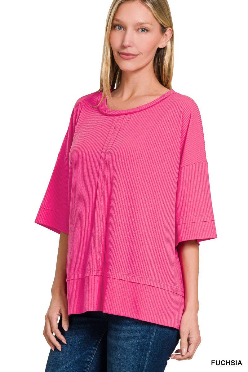 Vanilla Monkey - Ribbed Boat Neck 3/4 Sleeve Top Fuschia