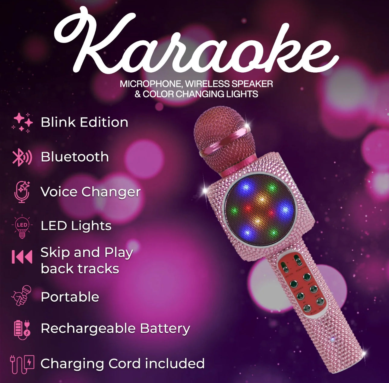 Wireless Express Sing-Along Bling Pink Bluetooth Karaoke Microphone