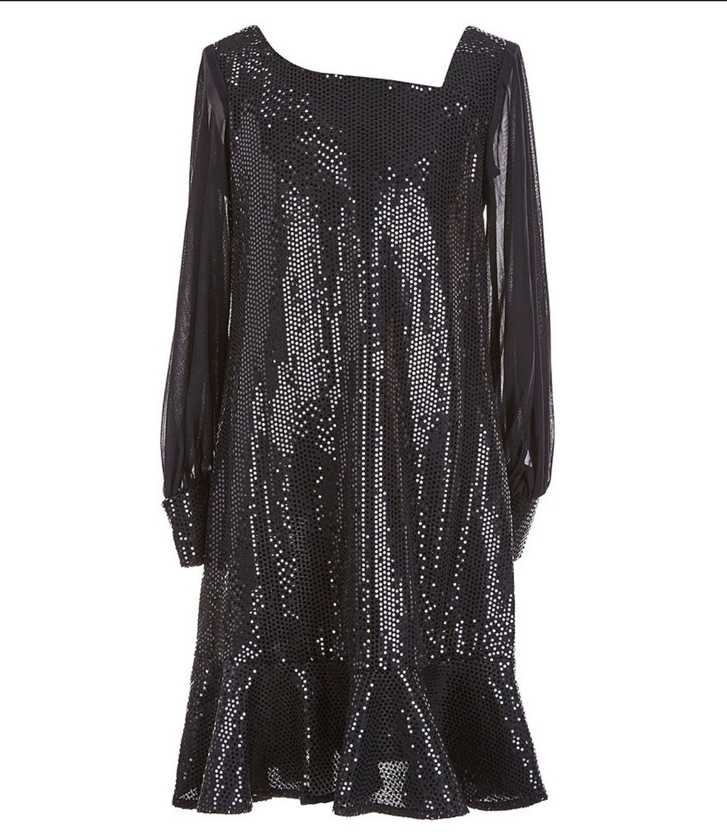 Puffed Sleeve Sequin Embellished Shift Dress