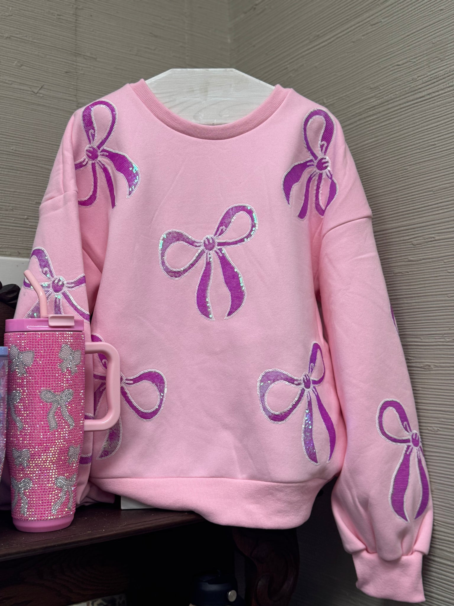 Bow Sequin Sweatshirt Pink