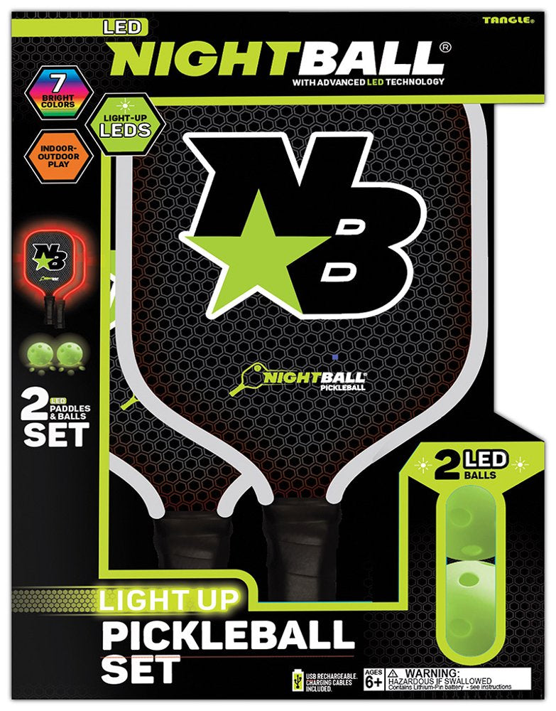Nightball Pickleball Set - 2 LED Pickleball Paddles with 2 LED Light Up Pickleballs- Lightweight Wood Paddles with Rechargeable USBC Port - Pickleballs Include Batteries for 30+ Hours of Play Each