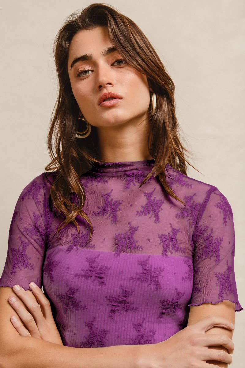 Vanilla Monkey - High Neckline Mesh Lace Short Sleeves Top