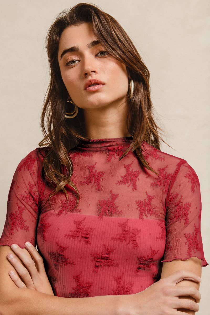 Vanilla Monkey - High Neckline Mesh Lace Short Sleeves Top