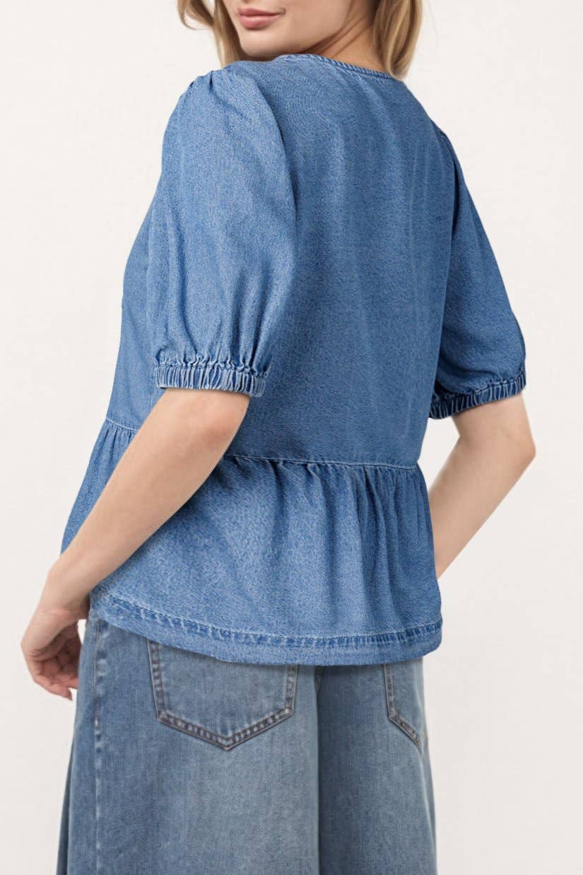 PRETTY BASH - Denim Bubble Sleeve Peplum Spring Shirt