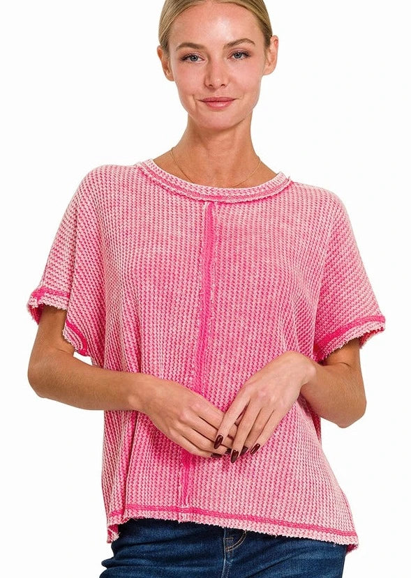 Washed Baby Waffle Short Sleeve Top Hot Pink