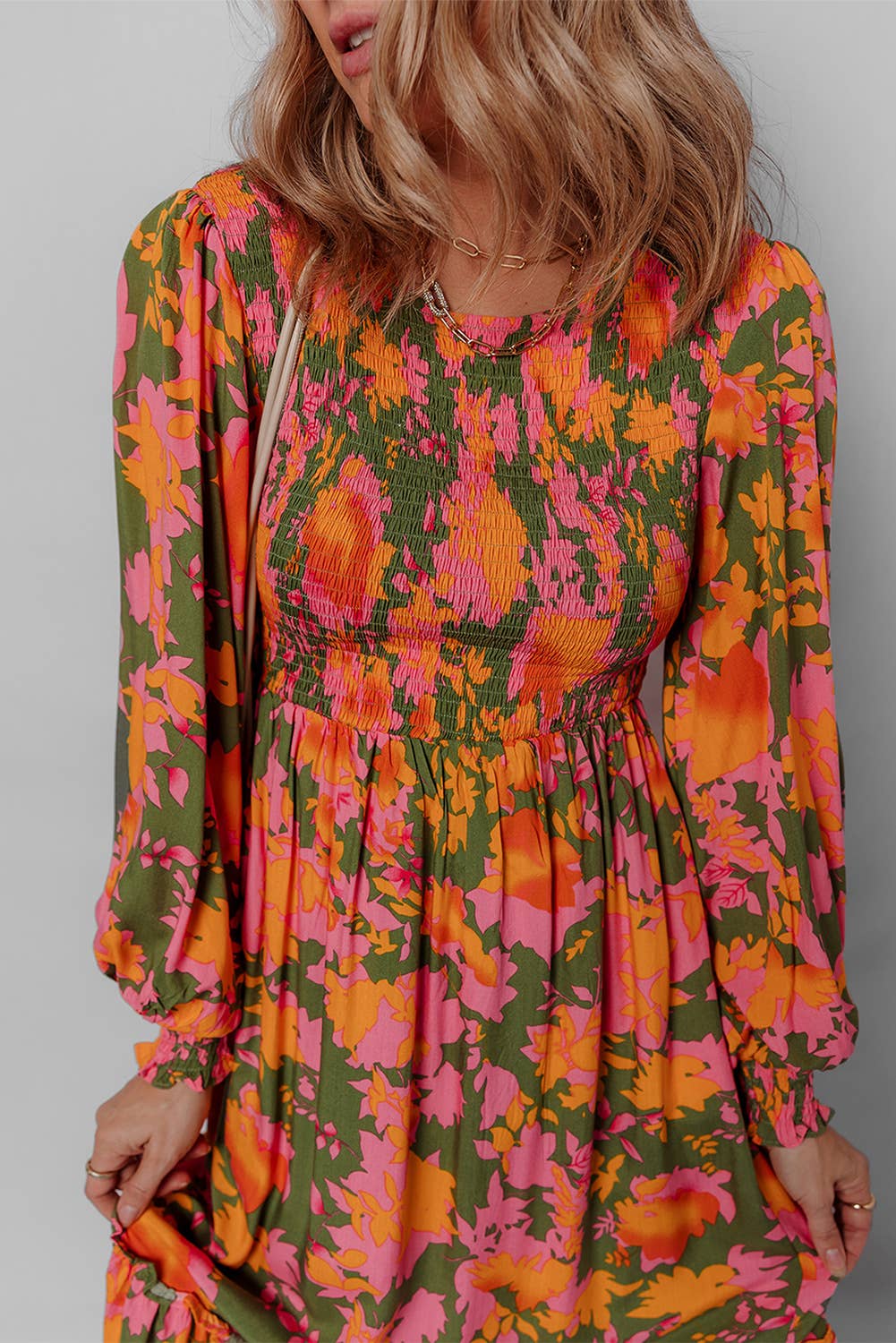 Aapparella - Floral Smocked Bodice Puff Sleeve Ruffle Maxi Dress | S-XL