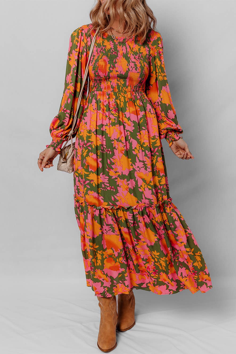 Aapparella - Floral Smocked Bodice Puff Sleeve Ruffle Maxi Dress | S-XL