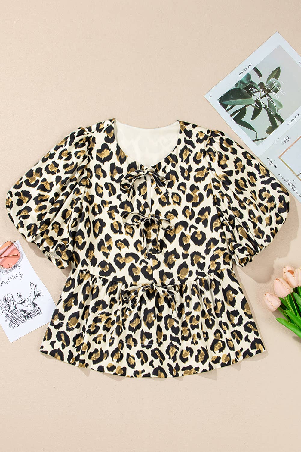 Aapparella - Wild Leopard Print Bow Tie Puff Sleeve Blouse | S-XL