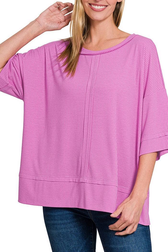 Vanilla Monkey - Ribbed Boat Neck 3/4 Sleeve Top Mauve