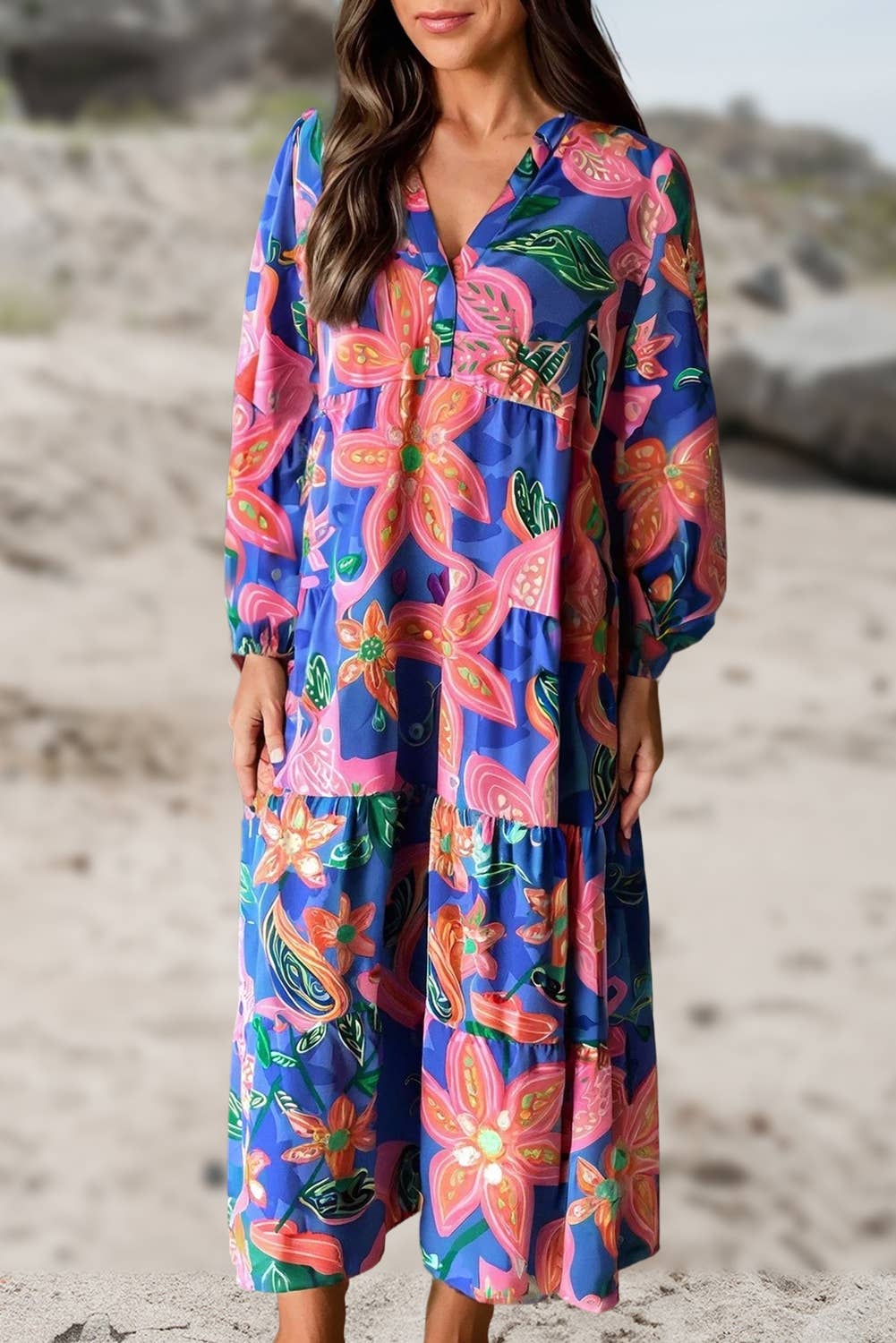 Aapparella - Floral Print Shierred V Neck Long Sleeve Maxi Dress | S-XL