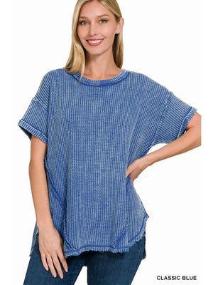 Washed Waffle Rolled Up Short Sleeve Top Classic Blue