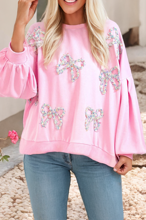 Little Daisy Closet - LDC  Bow Decor Lantern Sleeve Oversized Pullover Sweatshirt