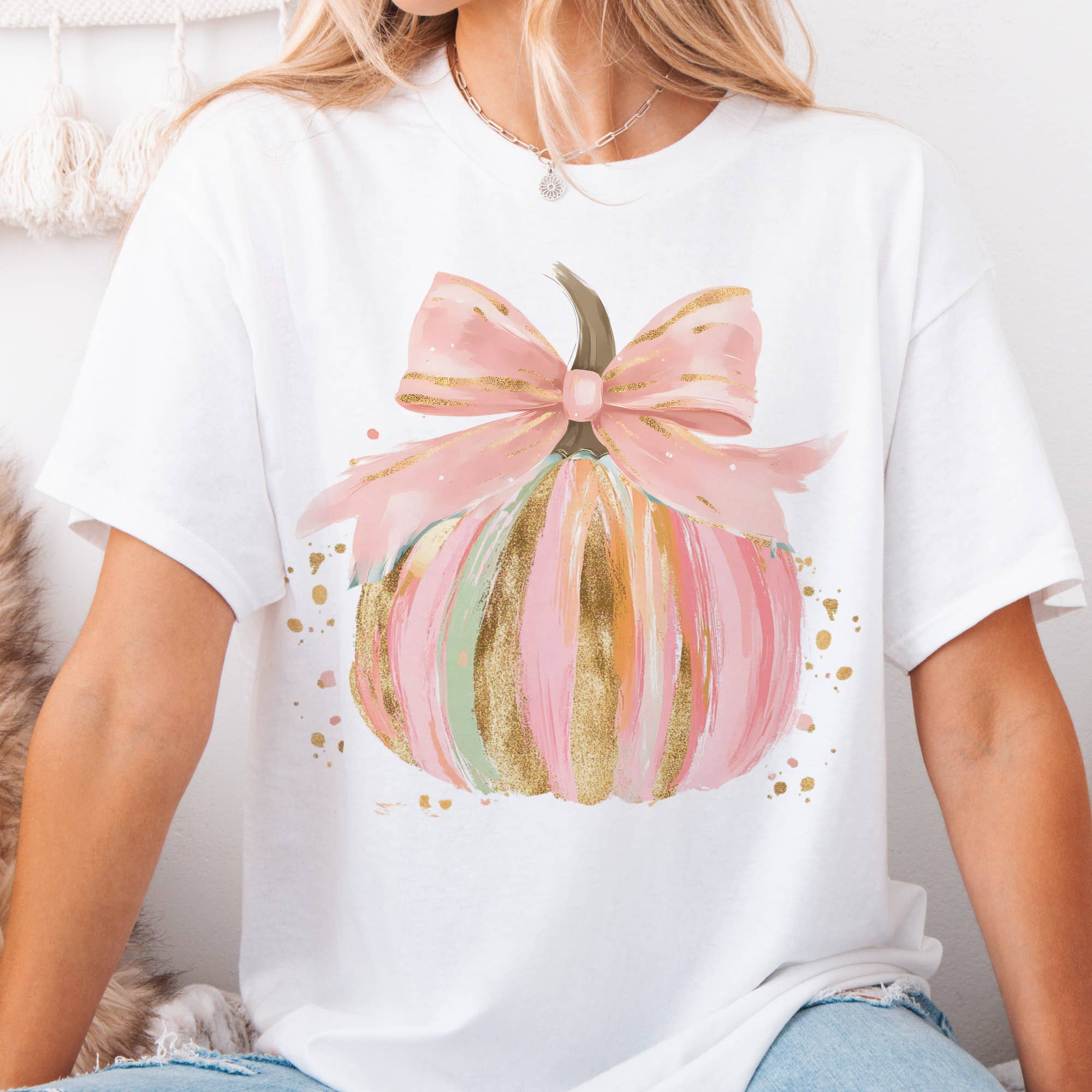 Par.tees by Party On! - Pumpkin Watercolor Splatter Pink Bow Fall Vibe Graphic Tee