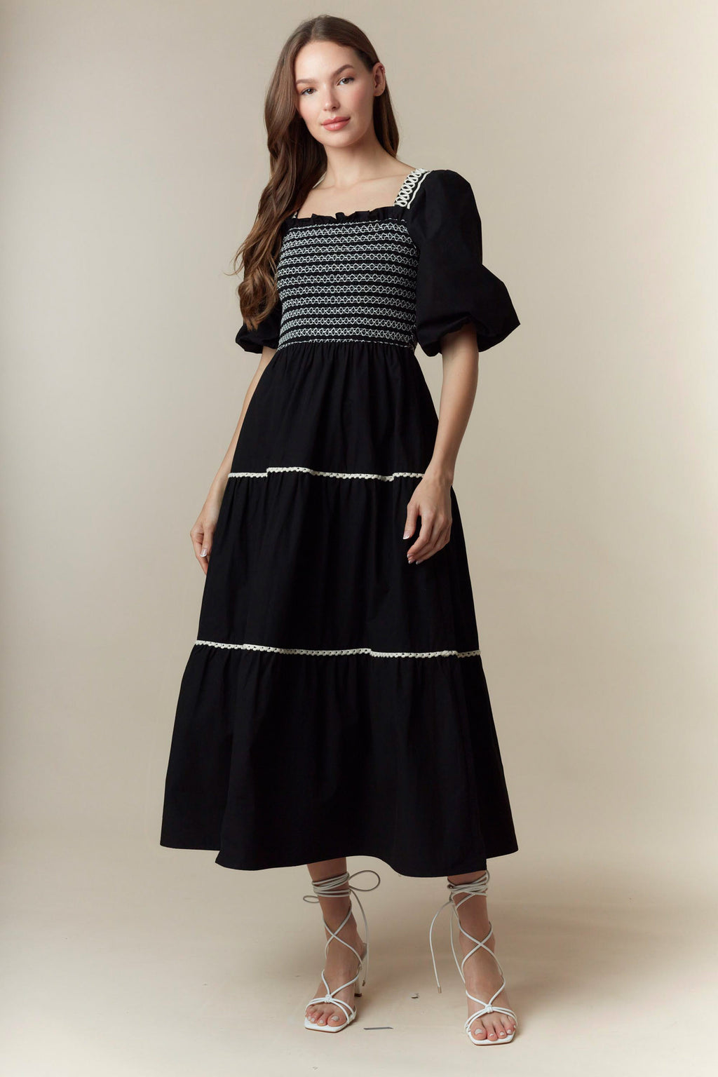 Washed Poplin Smocking with Shoulder Embroidery Detail Shorts Bubble Sleeve Maxi Dress