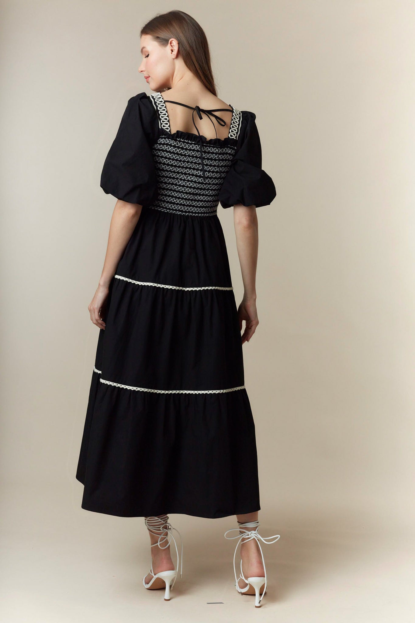 Washed Poplin Smocking with Shoulder Embroidery Detail Shorts Bubble Sleeve Maxi Dress