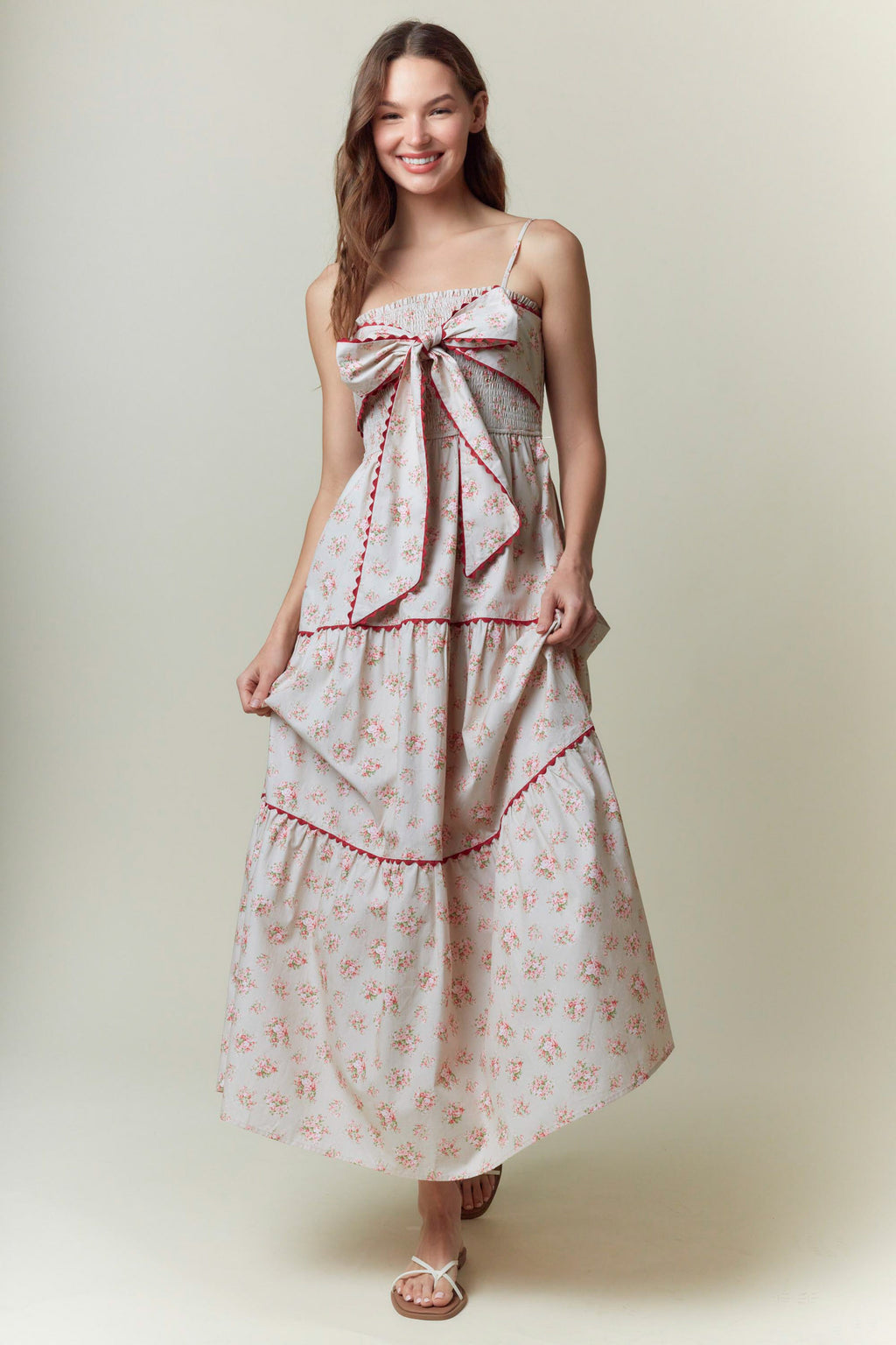 Cotton Poplin Front Bow with Ric-Rac Trim Detail Maxi Dress