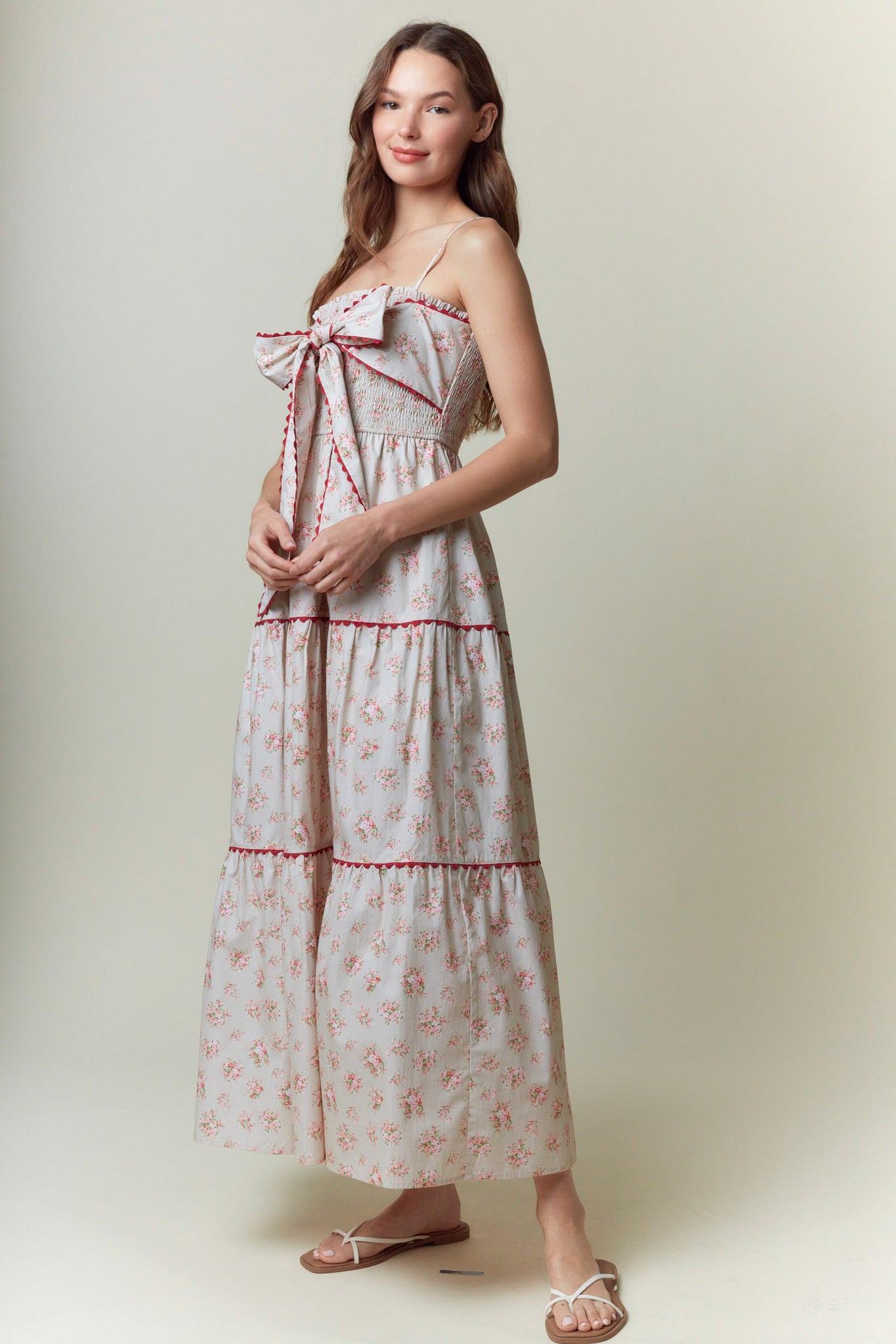 Cotton Poplin Front Bow with Ric-Rac Trim Detail Maxi Dress