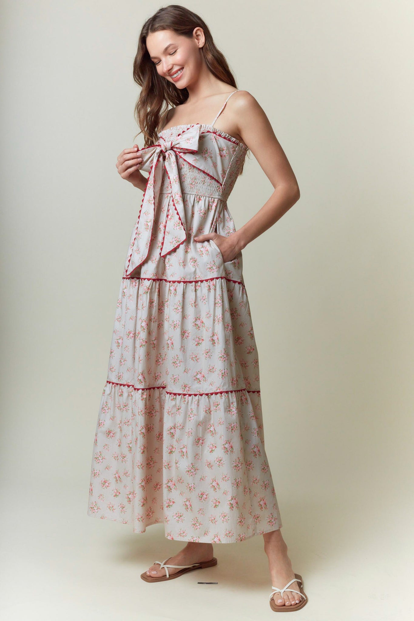 Cotton Poplin Front Bow with Ric-Rac Trim Detail Maxi Dress